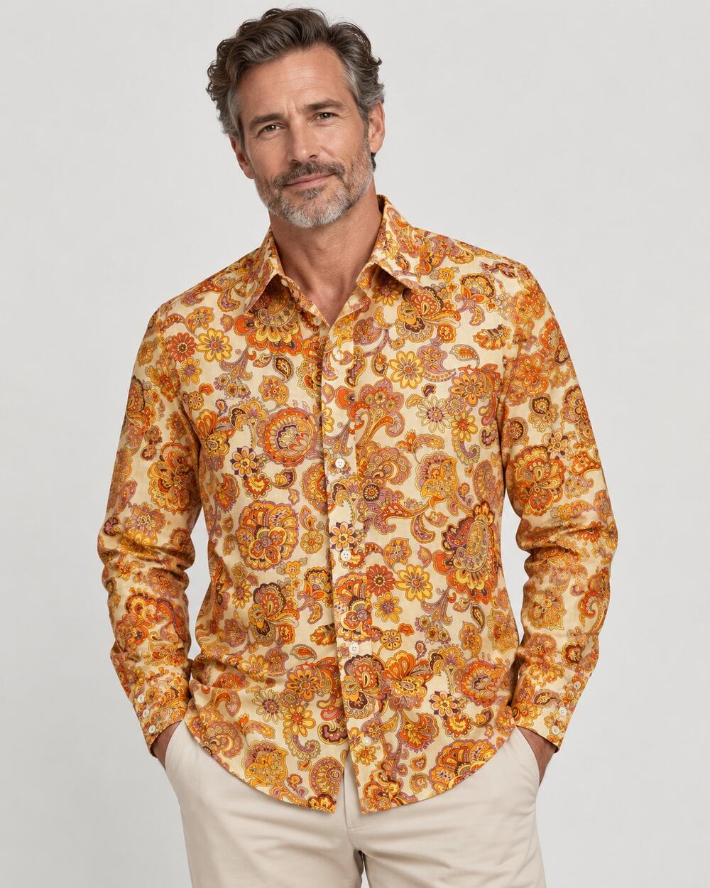 Vintage 1970s Custom Orange Paisley Cotton Dagger Collar Shirt Men’s L